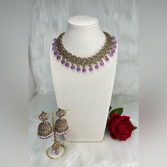 Beautiful Lavender Gold Polki Necklace With Jhumka & Tikka Set - Picture 9 of 10